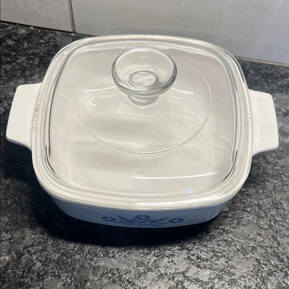 1qt Glass Lid White Casserole Dish with Corn Flower Blue Floral Design